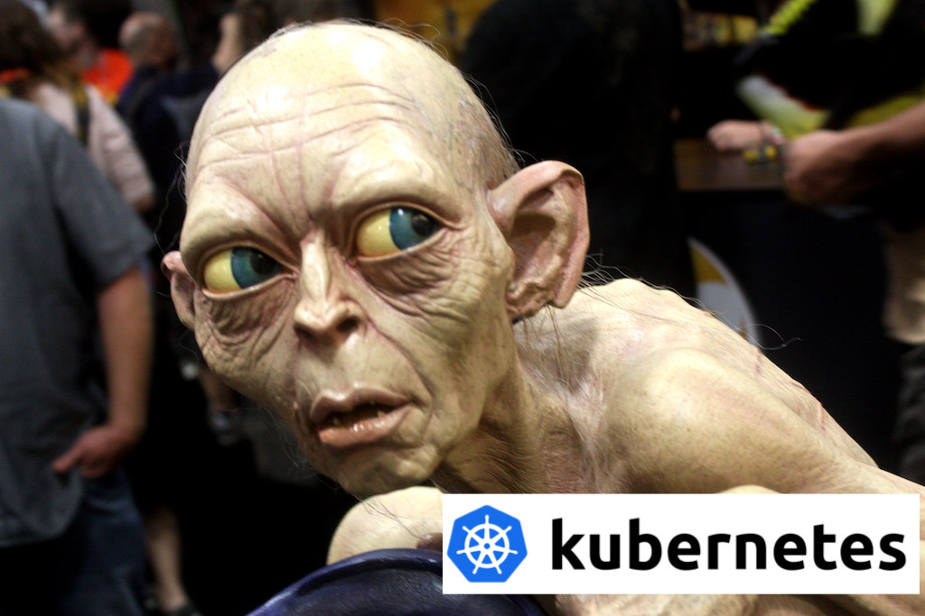 Gollum from lord of the rings with the Kubernetes logo overlaid